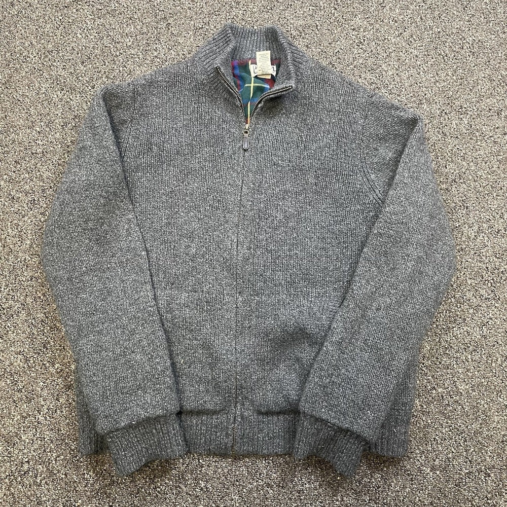 LL Bean Gray Men Size M Lambswool Classic Ragg Full Zip Plaid Lined Cozy Sweater